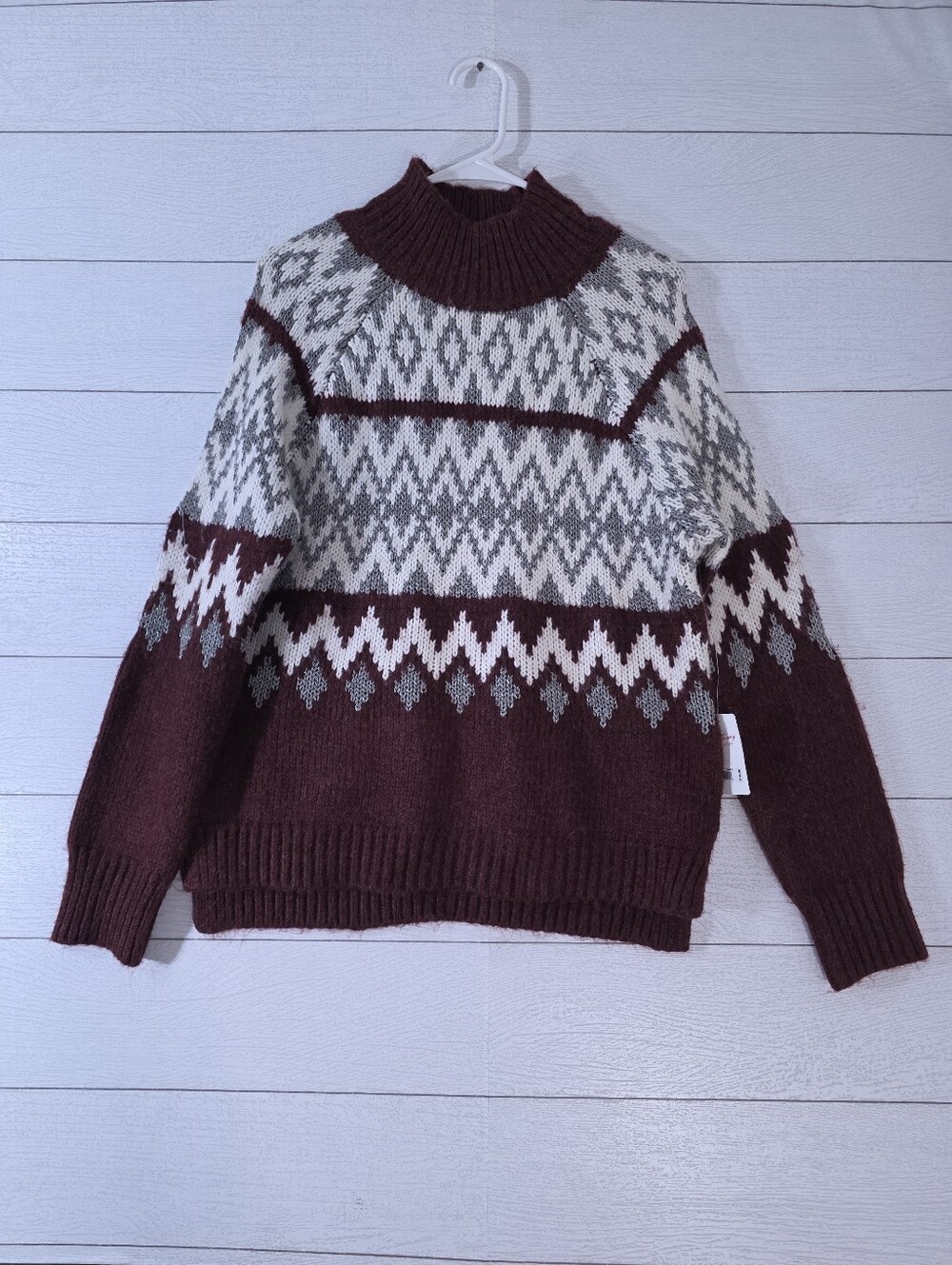 Lucky Brand Fair Isle Mock Neck Sweater Burgundy Knit Women's XS Oversized NWT